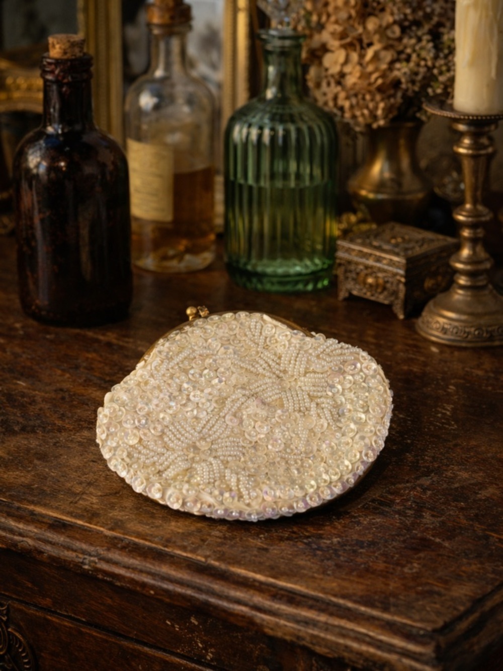 Vintage Cream Faux Baby Pearl & Sequined Coin Purse